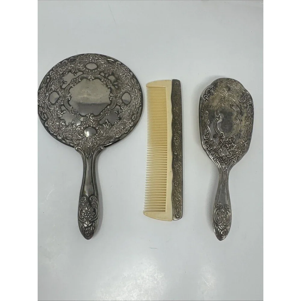 Silver Plated Vanity Set Vtg Hand Mirror Hair Brush Comb Victorian Art Nouveau